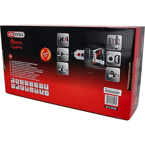 Arrière d'un emballage KS Tools. Fond noir, zone rouge avec images et informations sur le produit.